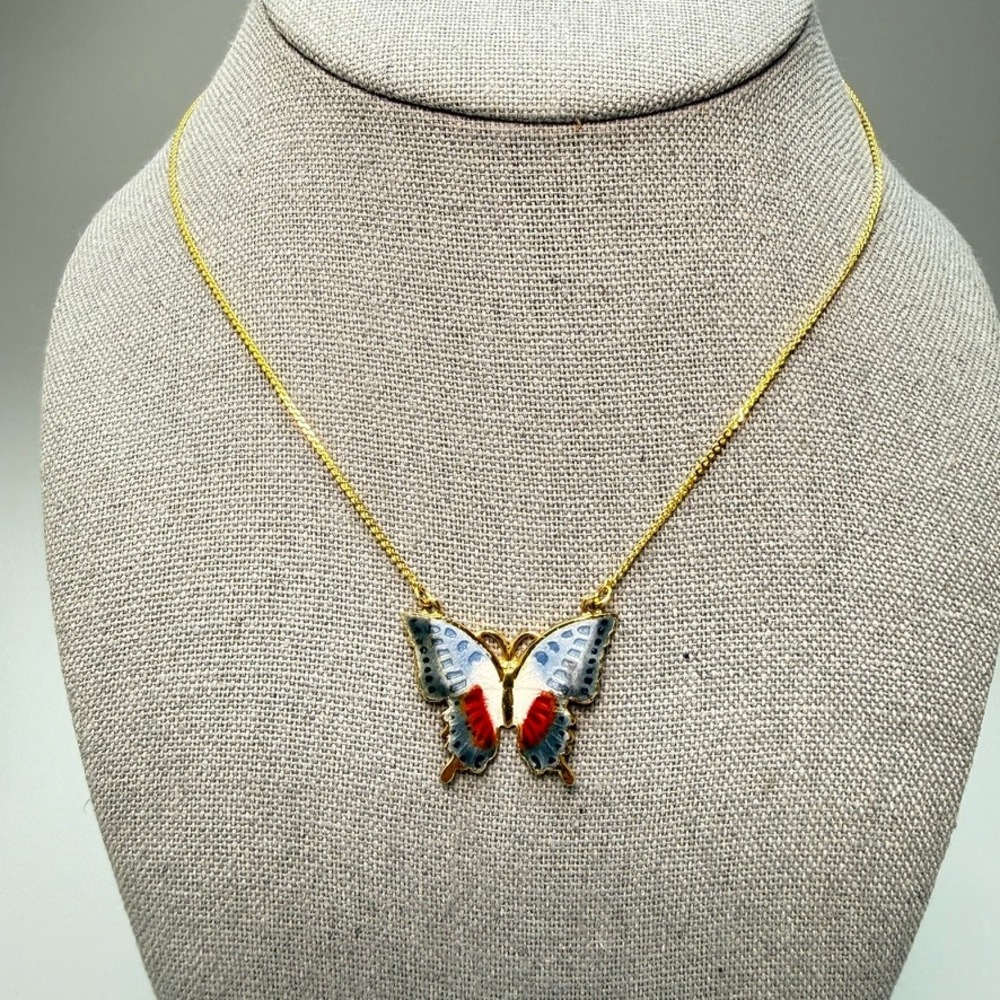 NWT Enamel Cloisonne Butterfly Pendant Gold Tone Necklace 15" Dainty Cute